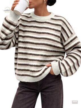 Women Striped Oversized Sweater Long Sleeve Crew Neck Pullover